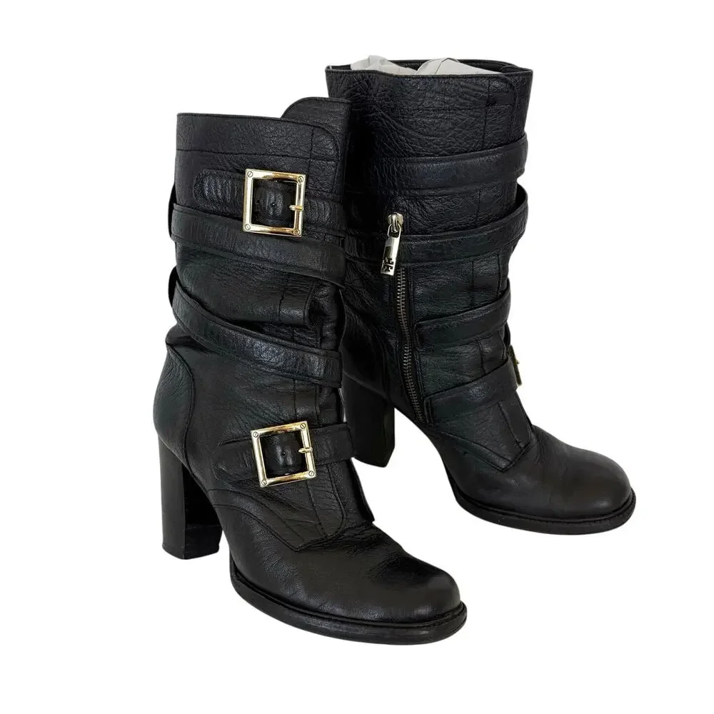 Tory Burch Jaden Black Leather Boots Moto Wrap-Around Heeled 9M